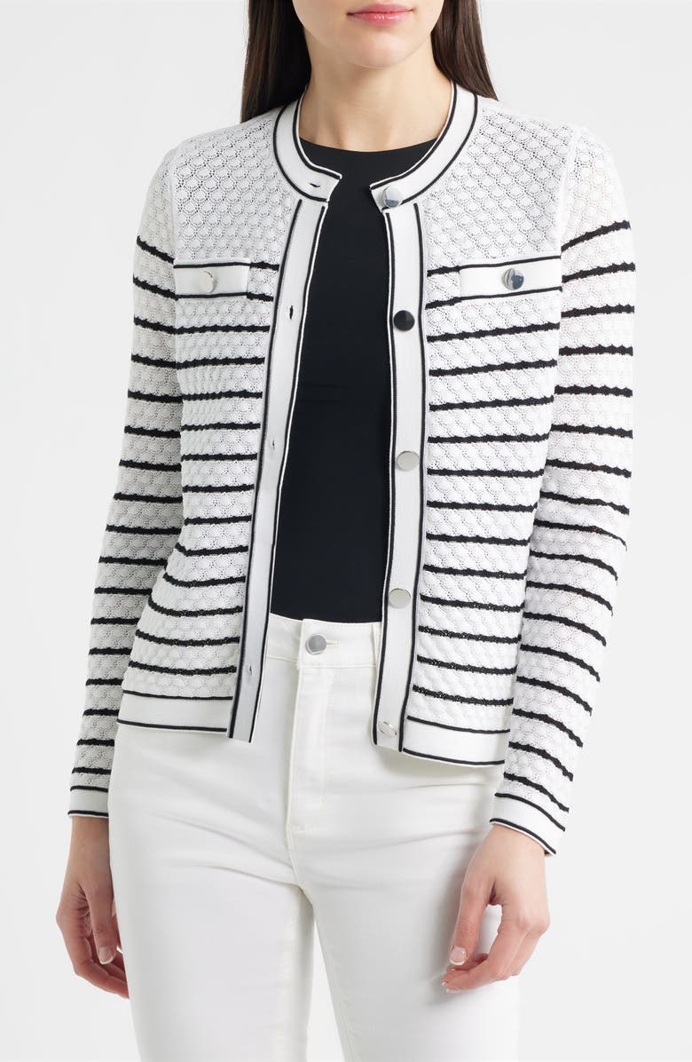 Anne Klein Stripe Stitch Detail Cardigan, Alternate, color, Crspwht/ Anneblack