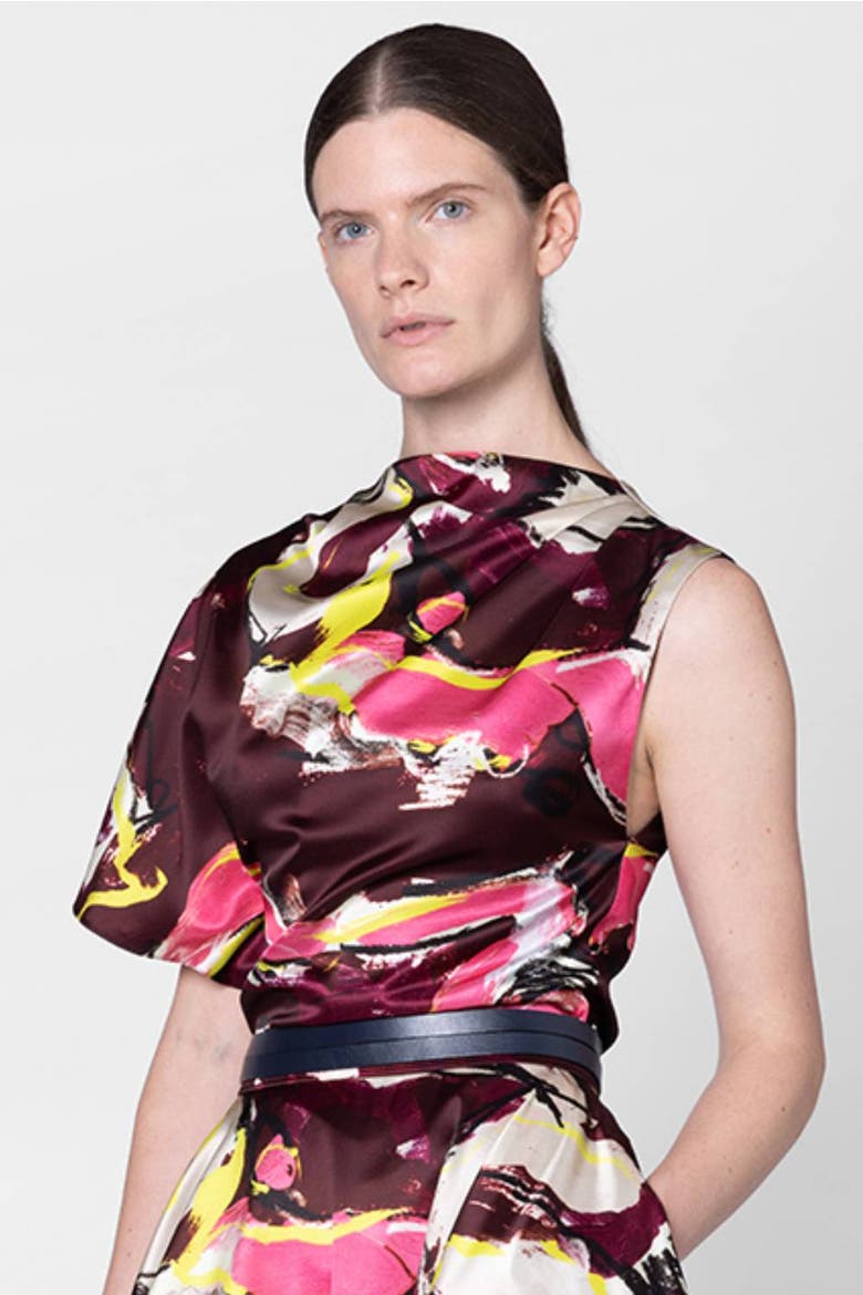 Nomi Satin Draped One-Shoulder Top, Alternate, color, Brush Burgundy
