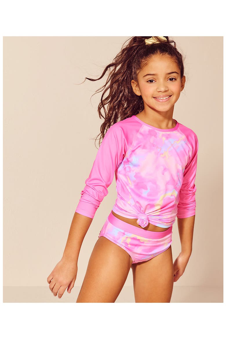 Big Girls 3 Piece UPF 50 Sun Protection Rash Guard Set, Main, color, Pink Marble
