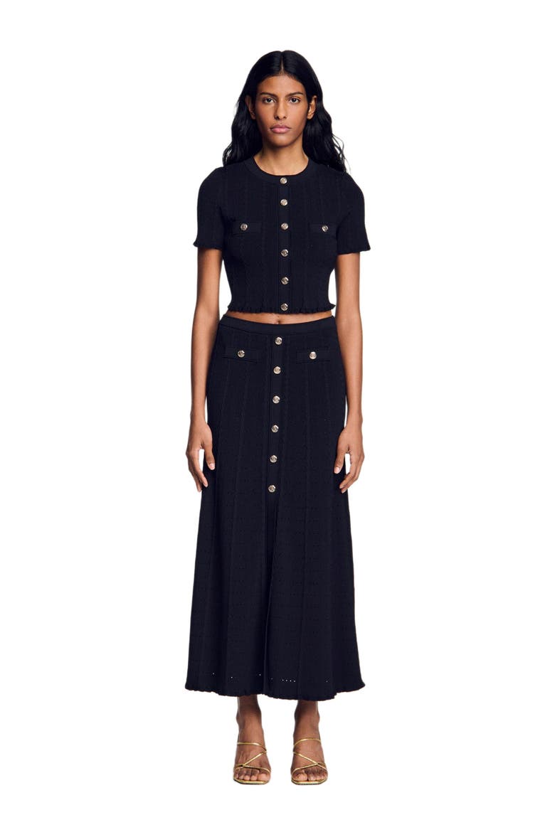 Cropped pointelle knit cardigan, Main, color, Black
