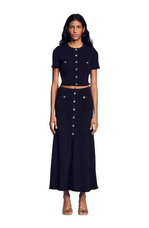 Cropped pointelle knit cardigan