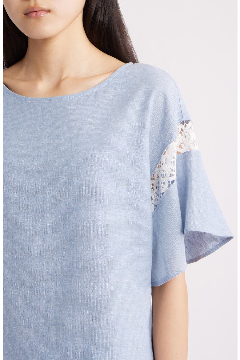 Lace Trim Flutter Sleeve Linen Blend Top, Alternate, color, LAGOON/ CRISP WHITE