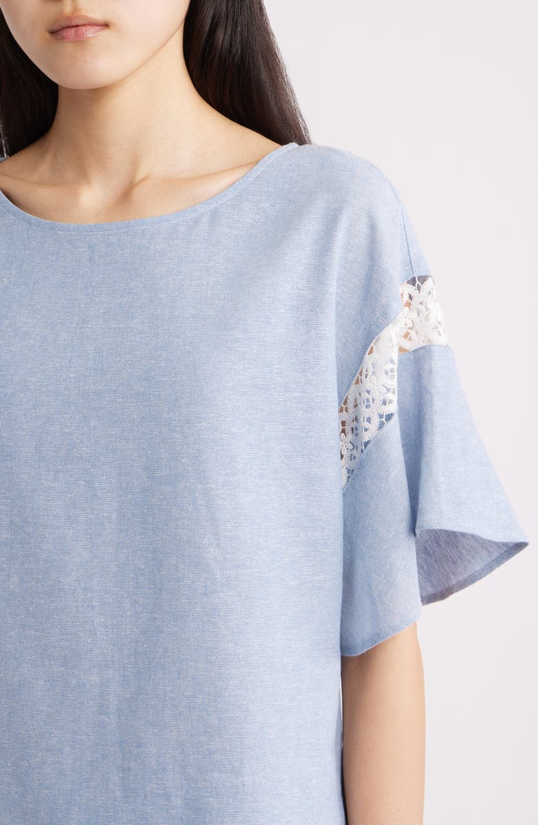 Anne Klein Lace Trim Flutter Sleeve Linen Blend Top, Alternate, color, Lagoon/ Crisp White