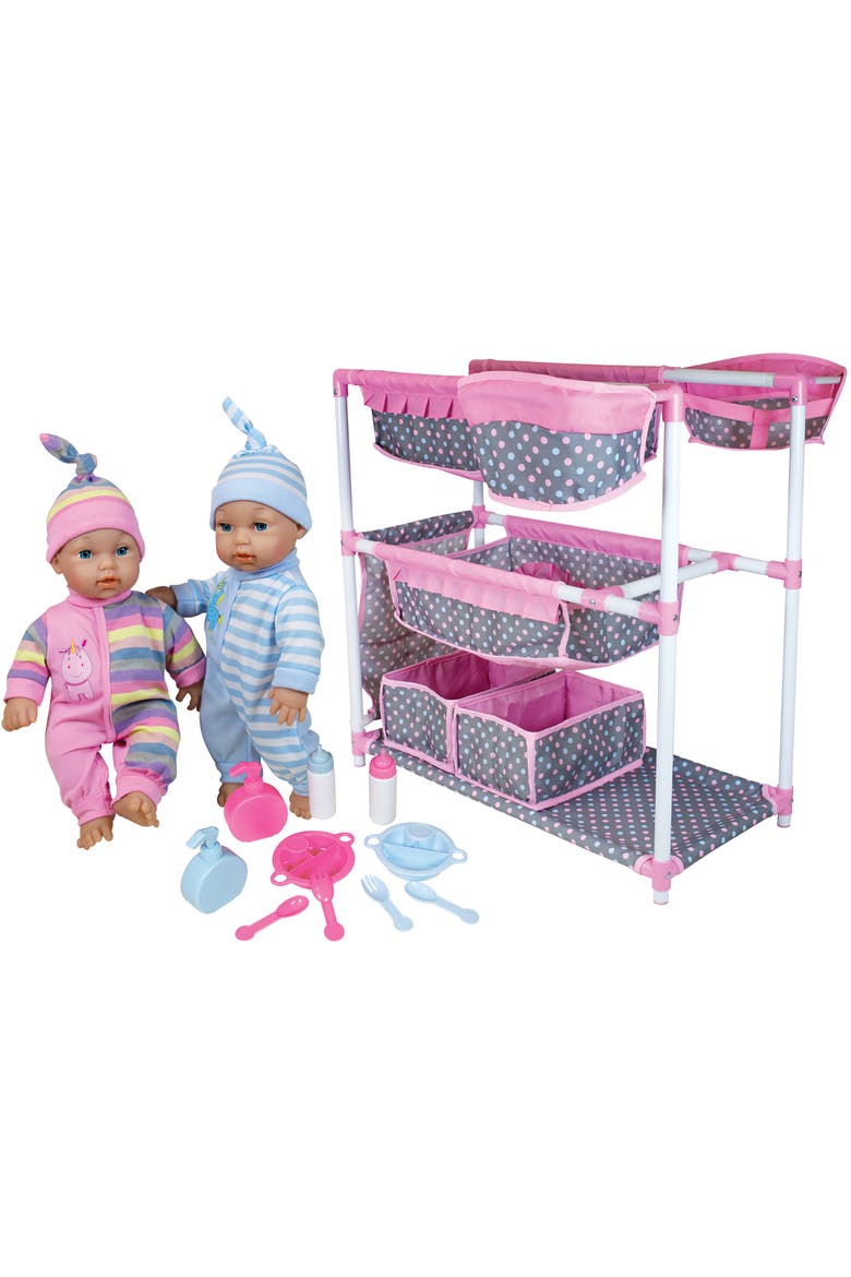 12 Inch Twin Baby Dolls & Care Center Set, Pink Blue Unicorn, Hats, Main, color, Multicolored
