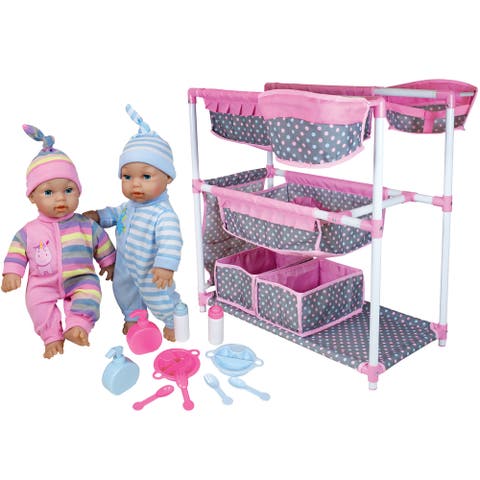 12 Inch Twin Baby Dolls & Care Center Set, Pink Blue Unicorn, Hats