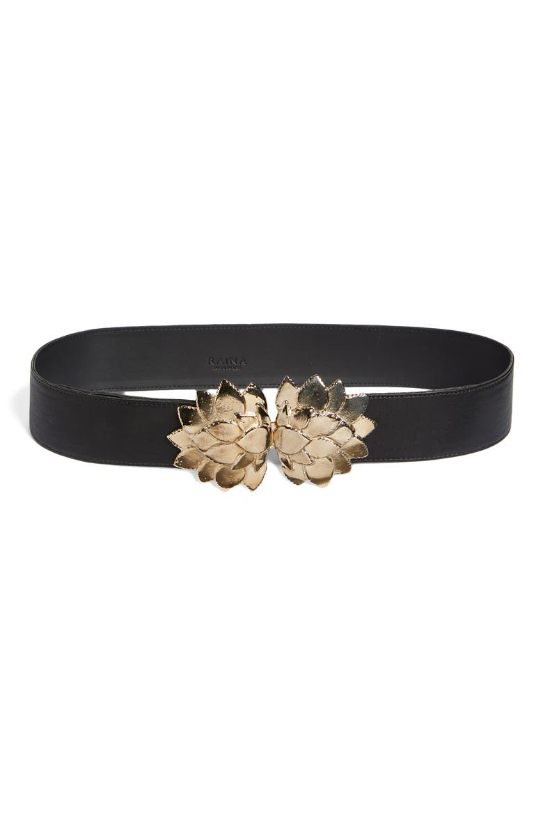 Floral Buckle Leather Belt, Main, color, BLACK