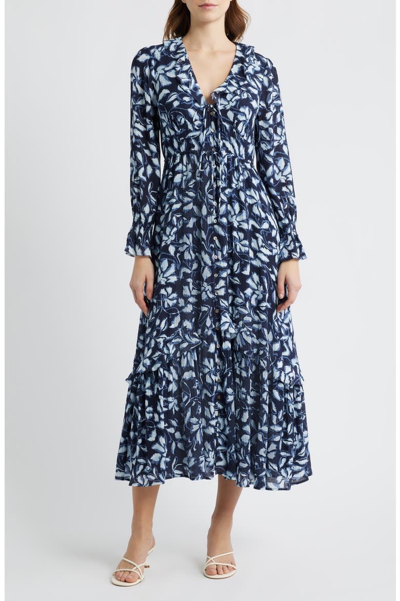 Rois Floral Ruffle Long Sleeve Maxi Dress, Main, color, NAVY JASMINE