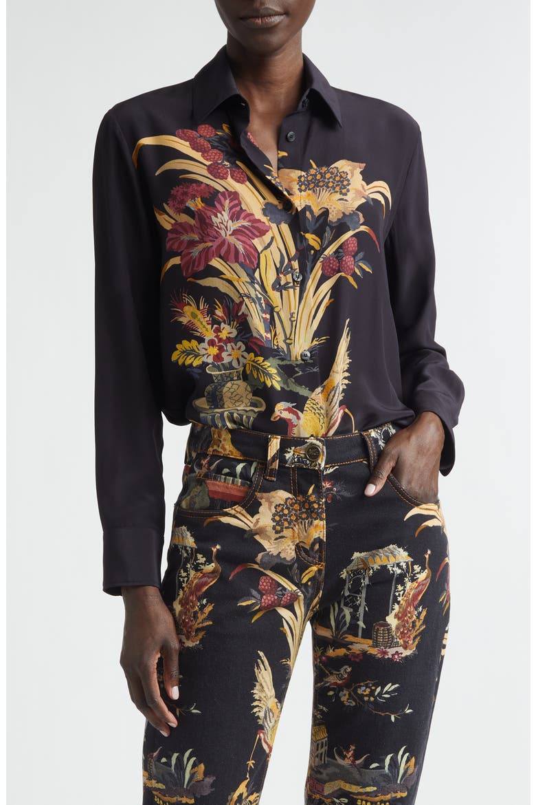 Floral Silk Button-Up Shirt, Main, color, BLACK