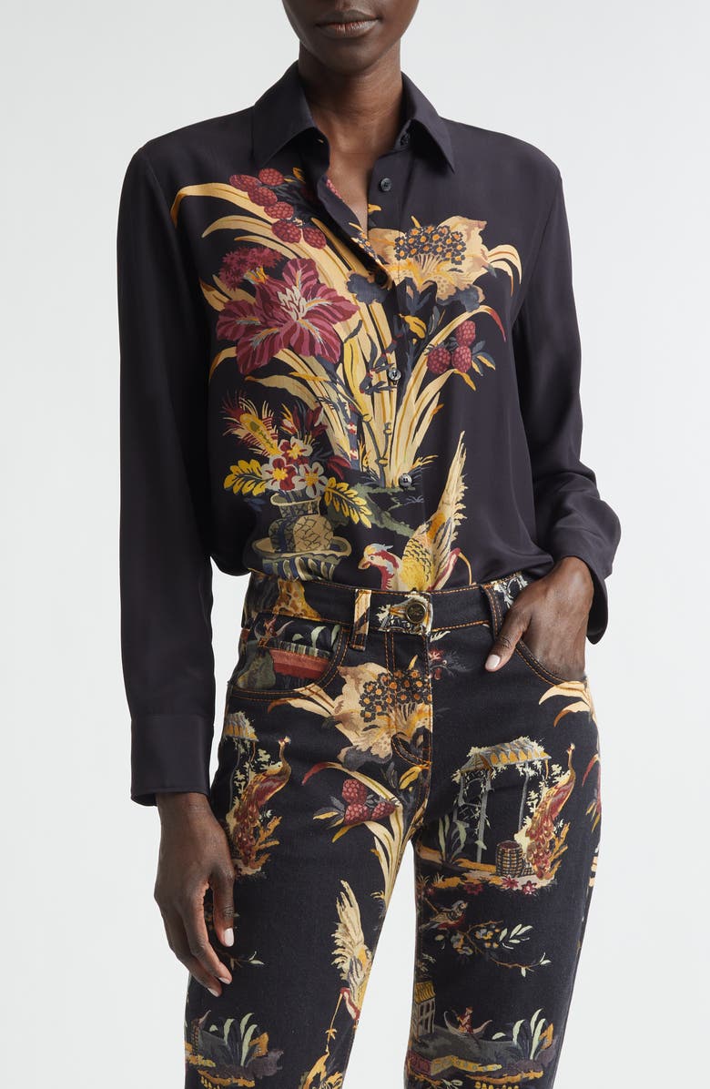 Etro Floral Silk Button-Up Shirt, Main, color, Black
