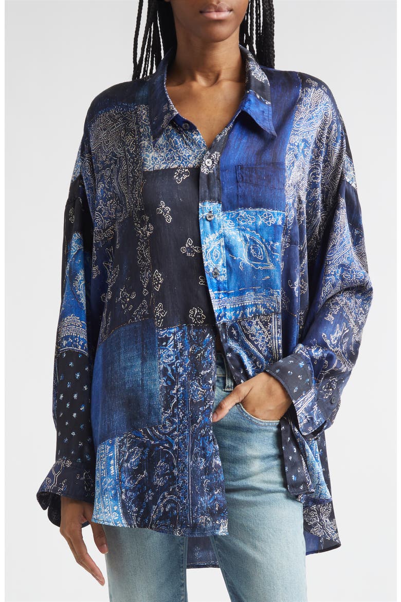 Drop Neck Patchwork Oversize Silk Button-Up Shirt, Alternate, color, BLUE MULTI BANDANA PRINT