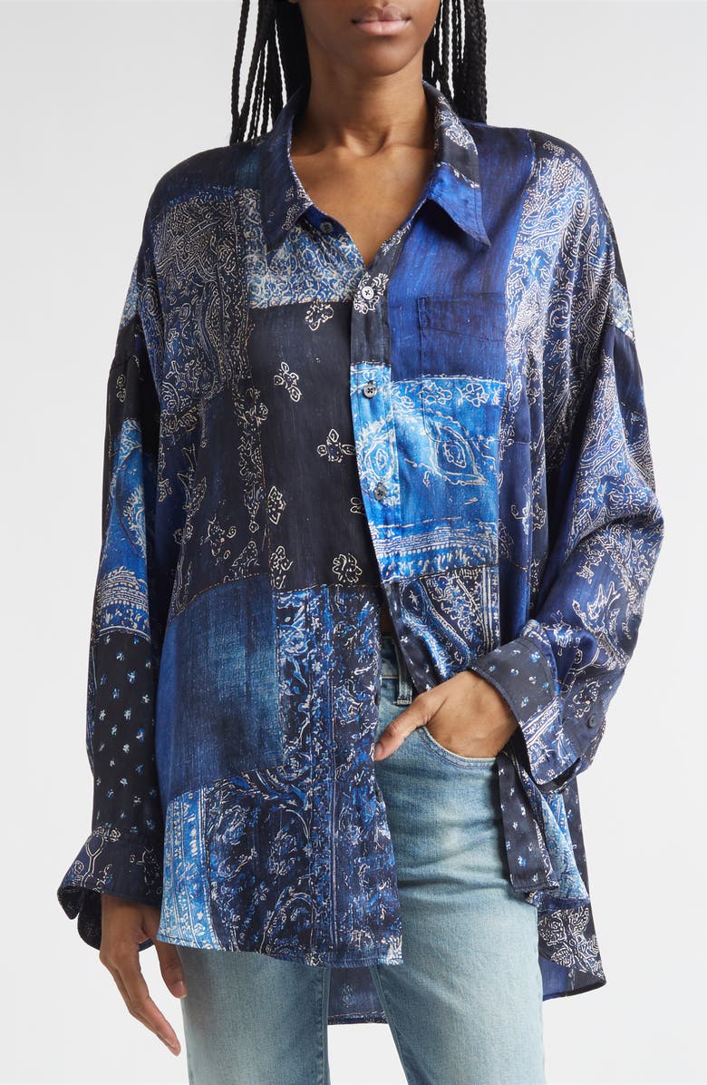 R13 Drop Neck Patchwork Oversize Silk Button-Up Shirt, Alternate, color, Blue Multi Bandana Print