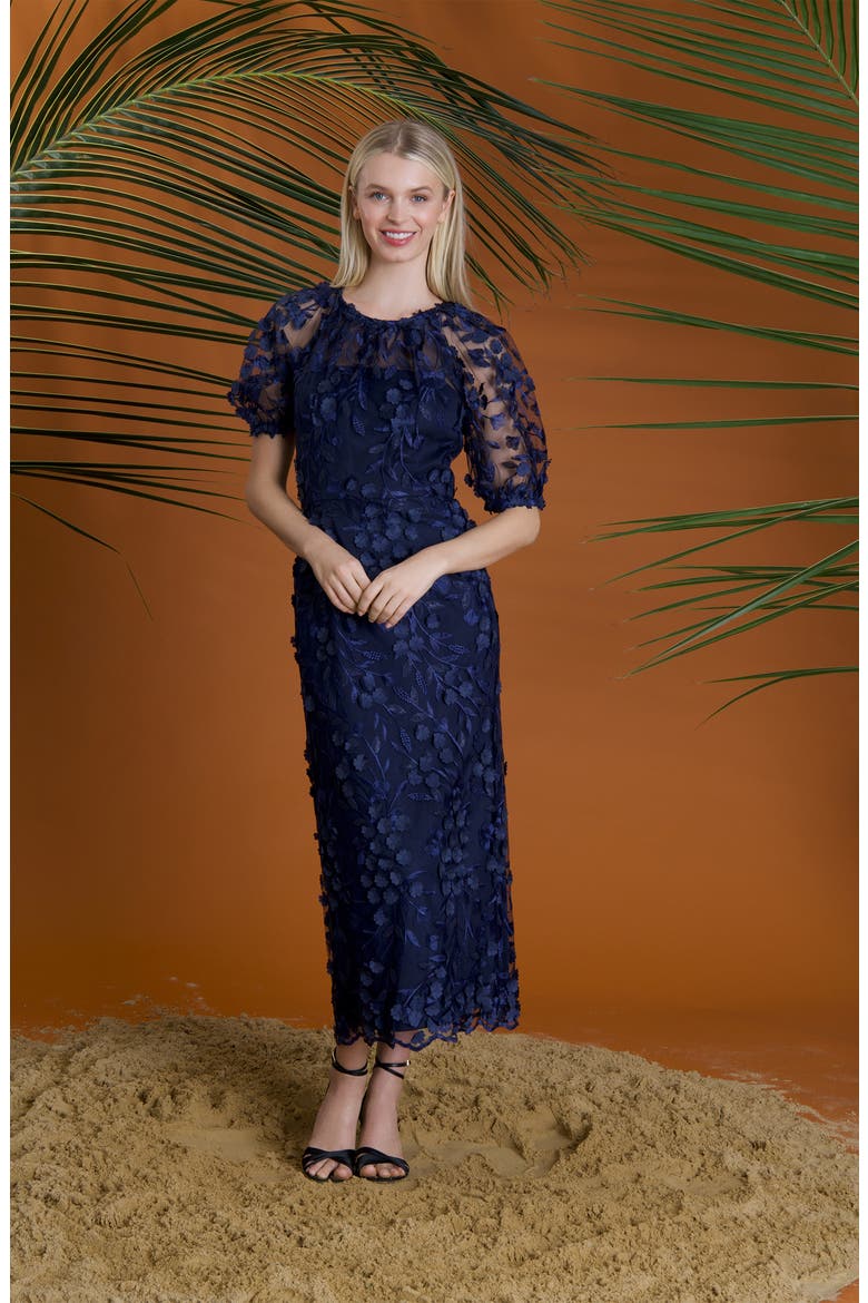 Floral Appliqué Midi Dress, Alternate, color, NAVY