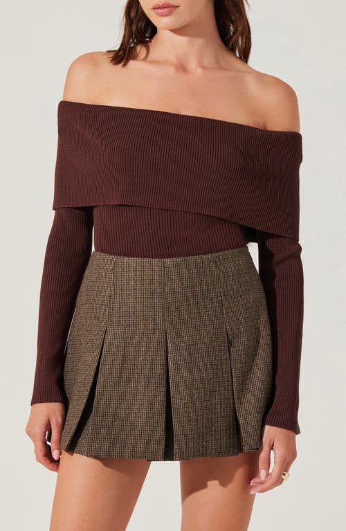 ASTR the Label Foldover Off the Shoulder Rib Sweater in Chocolate Brown 