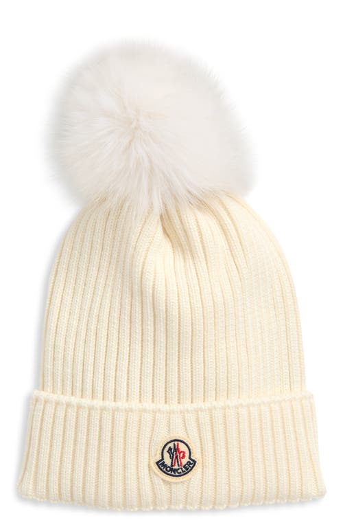 Moncler Kids' Virgin Wool Rib Beanie With Faux Fur Pompom In Neutral