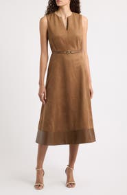Elie Tahari Faux Suede & Faux Leather Midi Dress