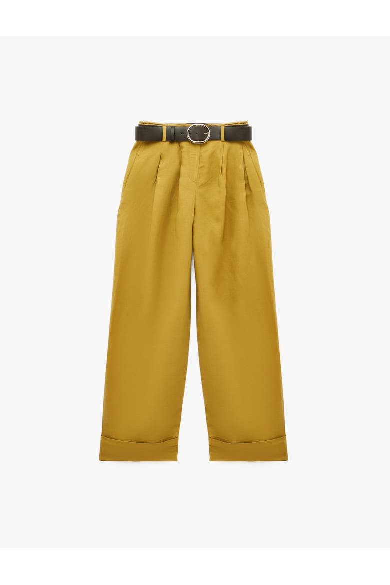 High Rise Belted Straight Fit Linen Blend Tailored Pants, Alternate, color, KHAKI