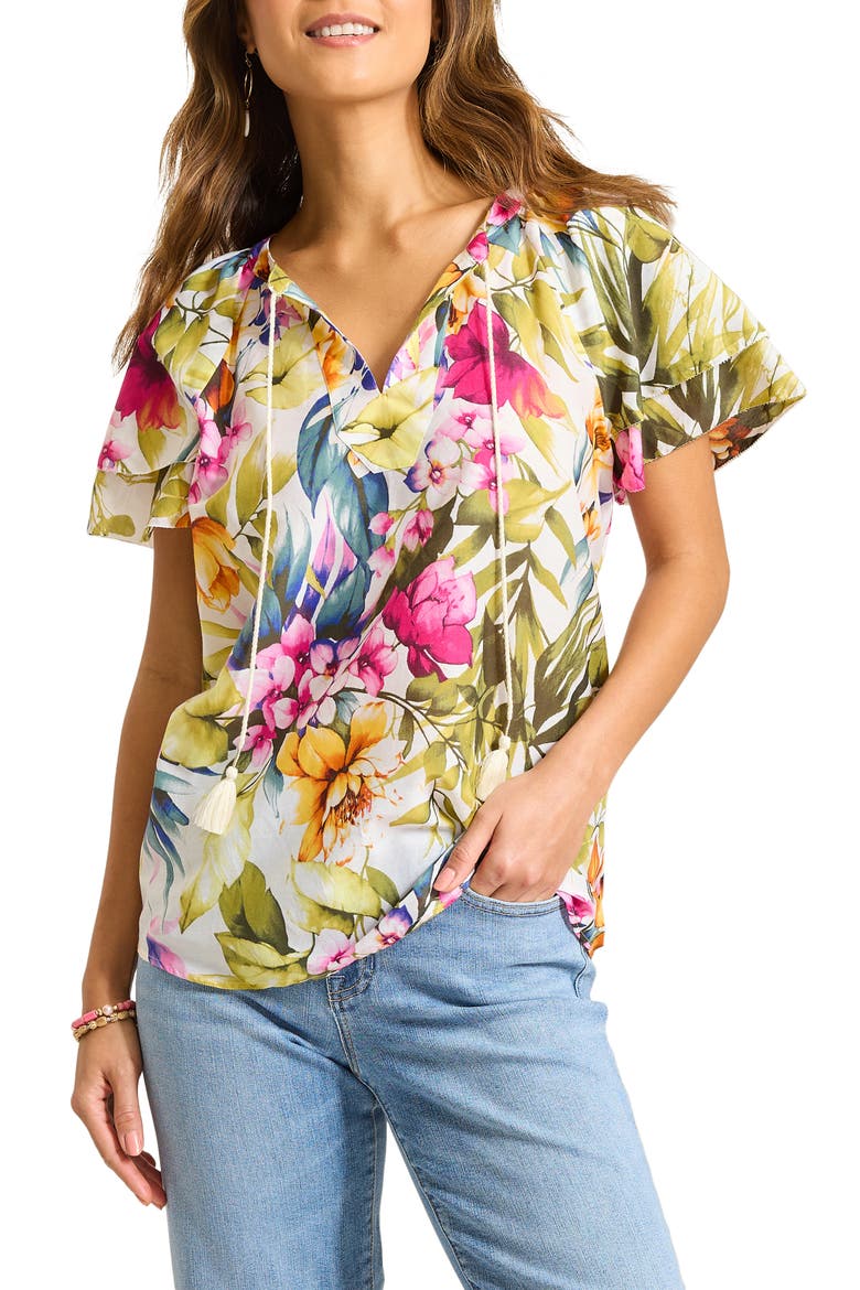 Verde Blooms Cotton & Silk Flutter Sleeve Top, Main, color, VANILLA ICE