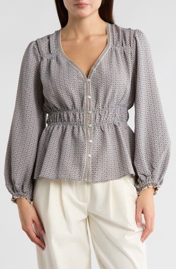 MAX STUDIO Balloon Sleeve Button-Up Peplum Top | Nordstromrack