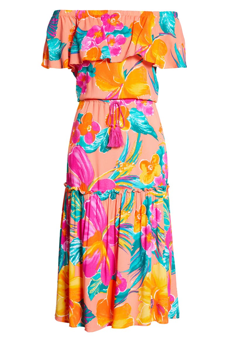 Isla Off the Shoulder Cover-Up Midi Dress, Alternate, color, HOT CORAL