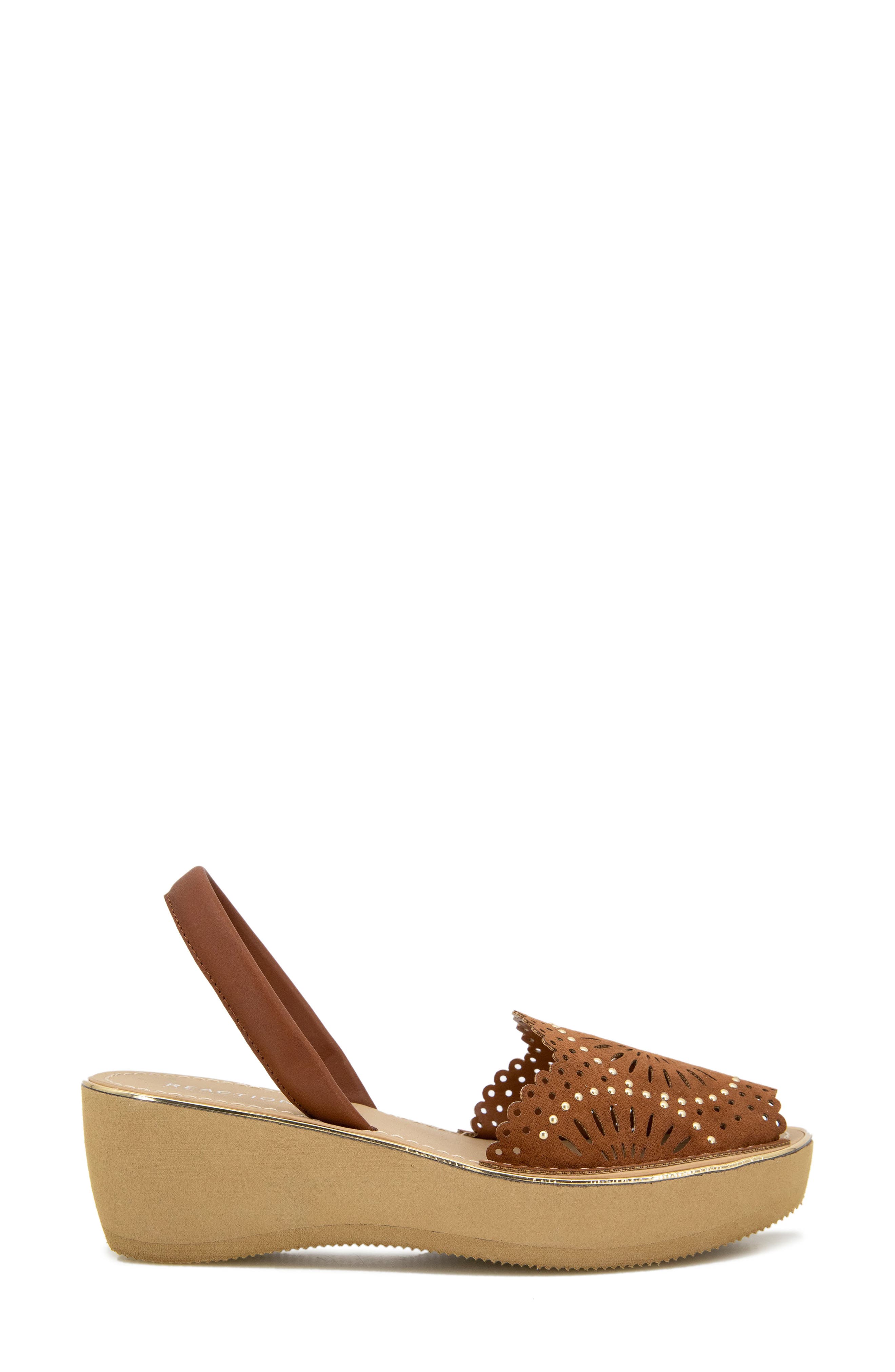 Kenneth Cole Reaction Fine Glass Foil Laser Wedge Sandal, Alternate, color, Luggage Micro