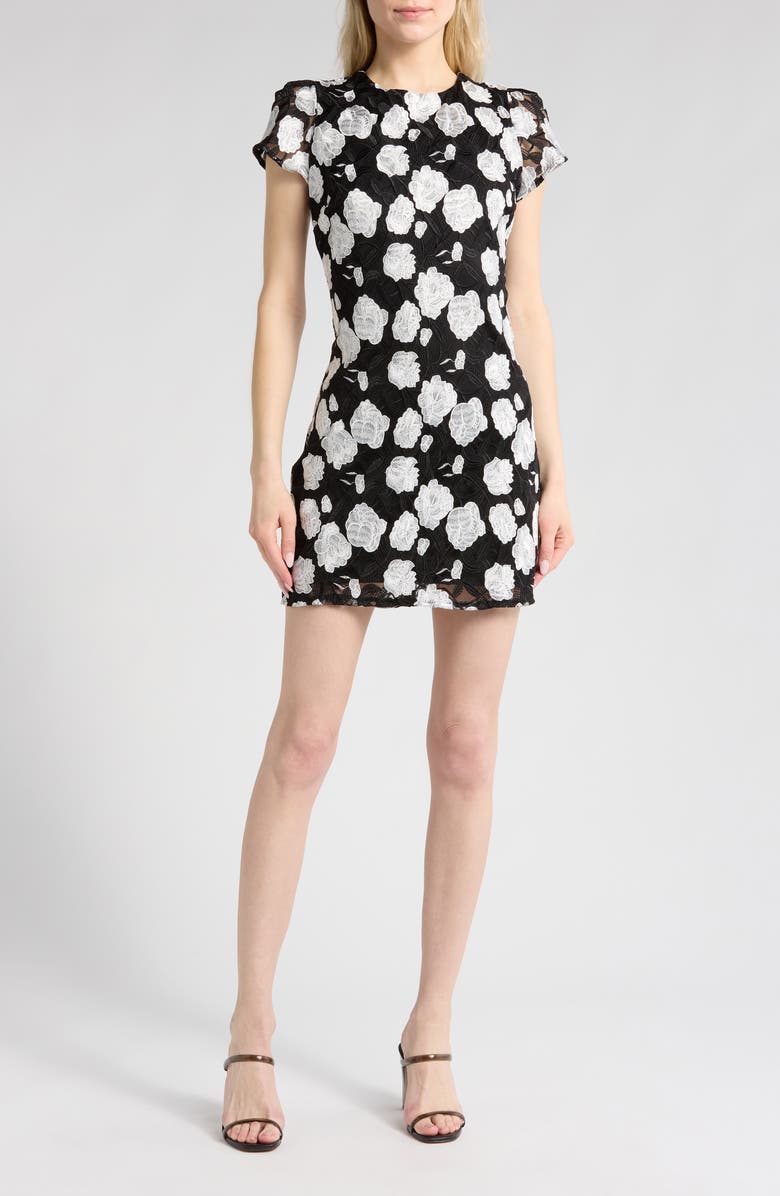 Sam Edelman Floral Embroidered Cap Sleeve Shift Dress, Main, color, Black/ White