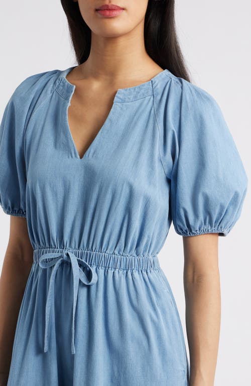 Anne Klein Puff Sleeve Tiered Denim Midi Dress In Blue