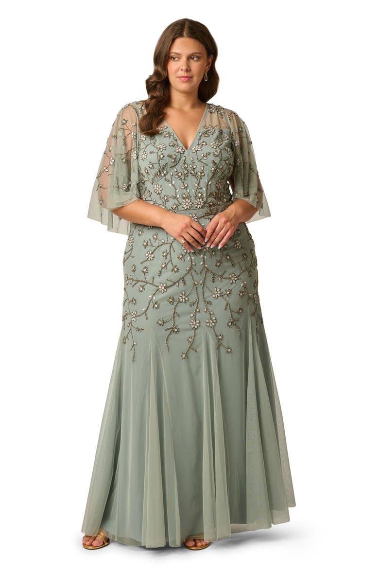 Beaded Mesh Cape Sleeve Gown, Alternate, color, SAGE
