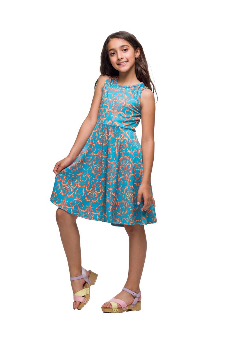 Sky Blue and Orange Print Fit and Flare Dress, Alternate, color, Blue Multi