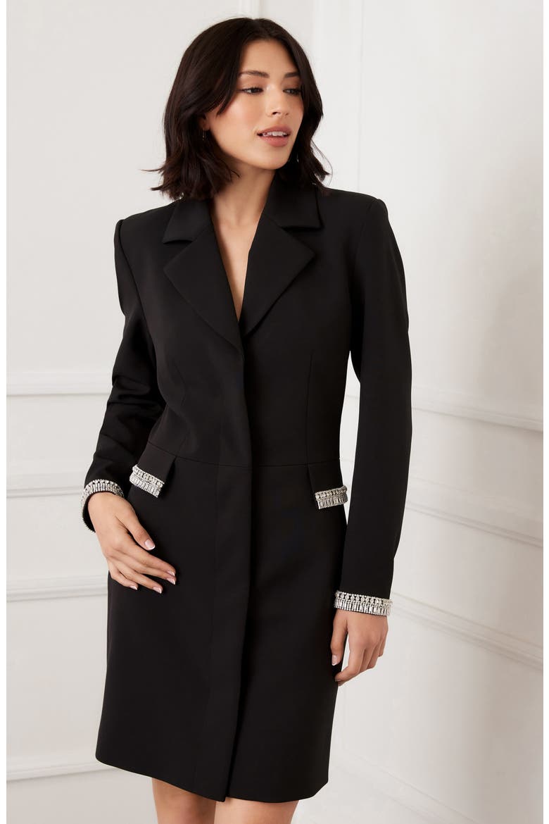 Rhinestone Detail Long Sleeve Crepe Blazer Dress, Alternate, color, BLACK