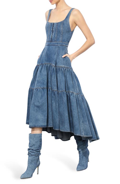 Shop Alice And Olivia Alice + Olivia Diana Structured Tiered High-low Maxi Dress In Liana Vintage Blue