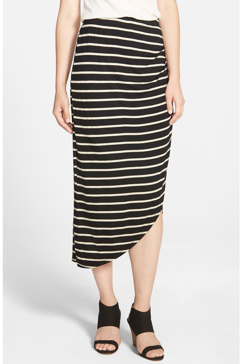Asymmetrical Faux Wrap Midi Skirt, Main, color, BLACK/ OATMEAL STRIPE