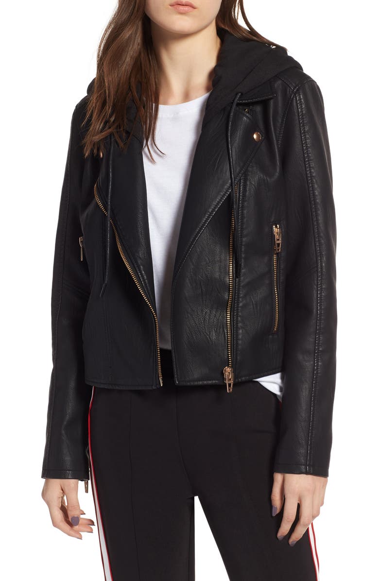 BLANKNYC Meant to Be Moto Jacket with Removable Hood, Main, color,