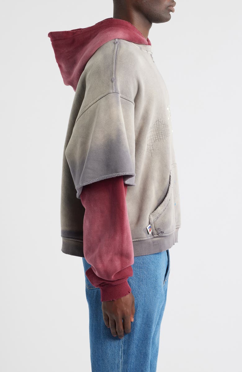DIET STARTS MONDAY Double Layer Distressed Cotton Hoodie, Alternate, color, Washed Black/ Maroon