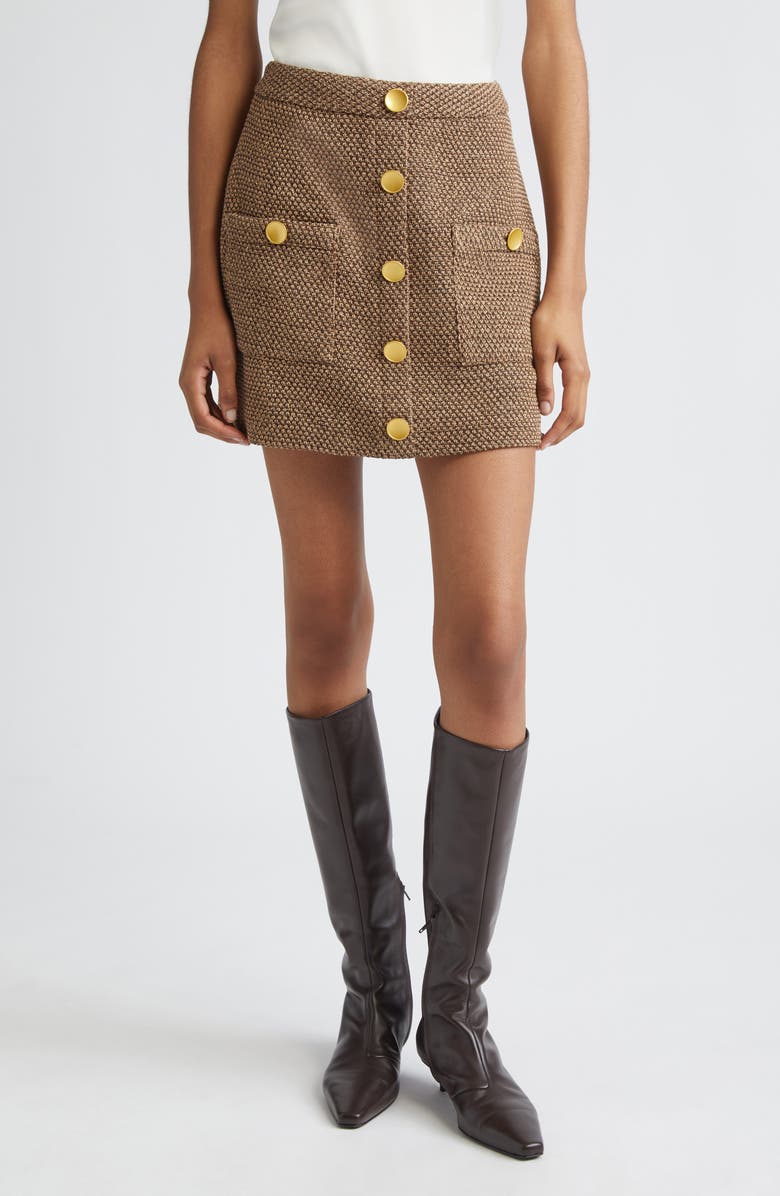 L'AGENCE Zander Button Front Miniskirt, Main, color, Brown/ Beige/ Gold