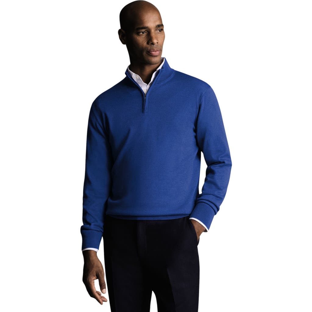 Charles Tyrwhitt Merino Zip Neck Long Sleeve Sweater In Blue