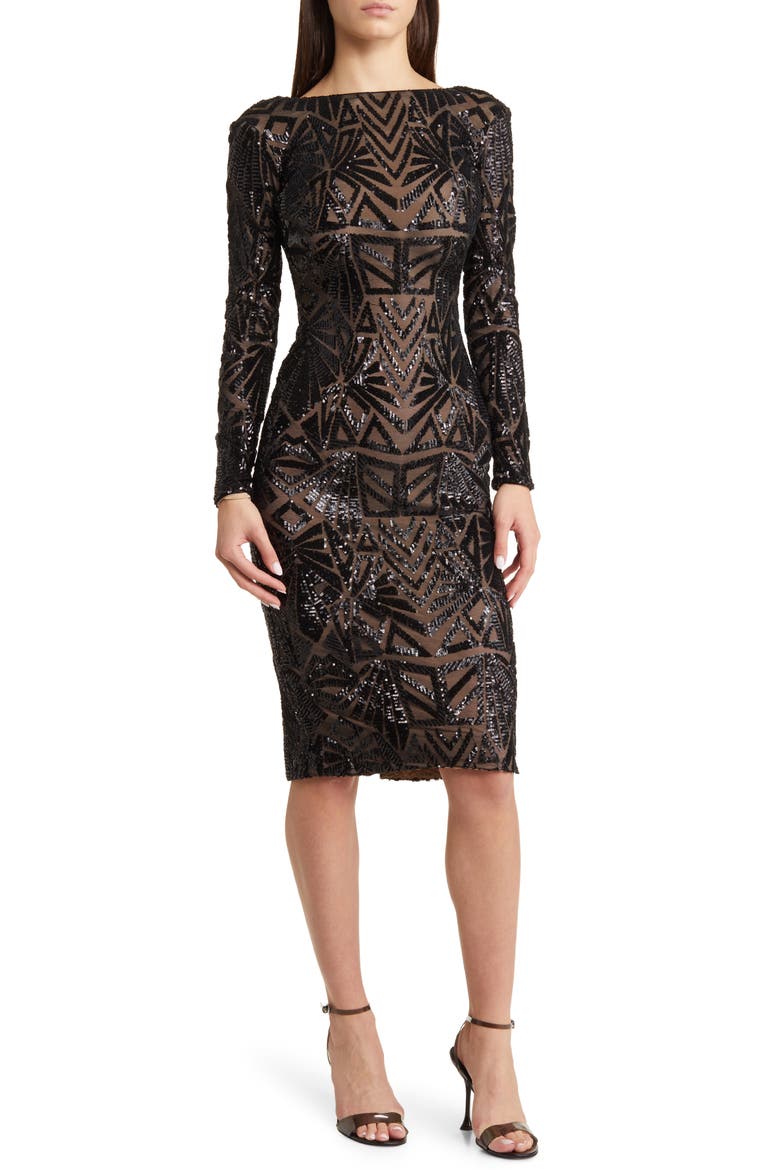 Emery Long Sleeve Sequin Cocktail Dress, Alternate, color, BLACK