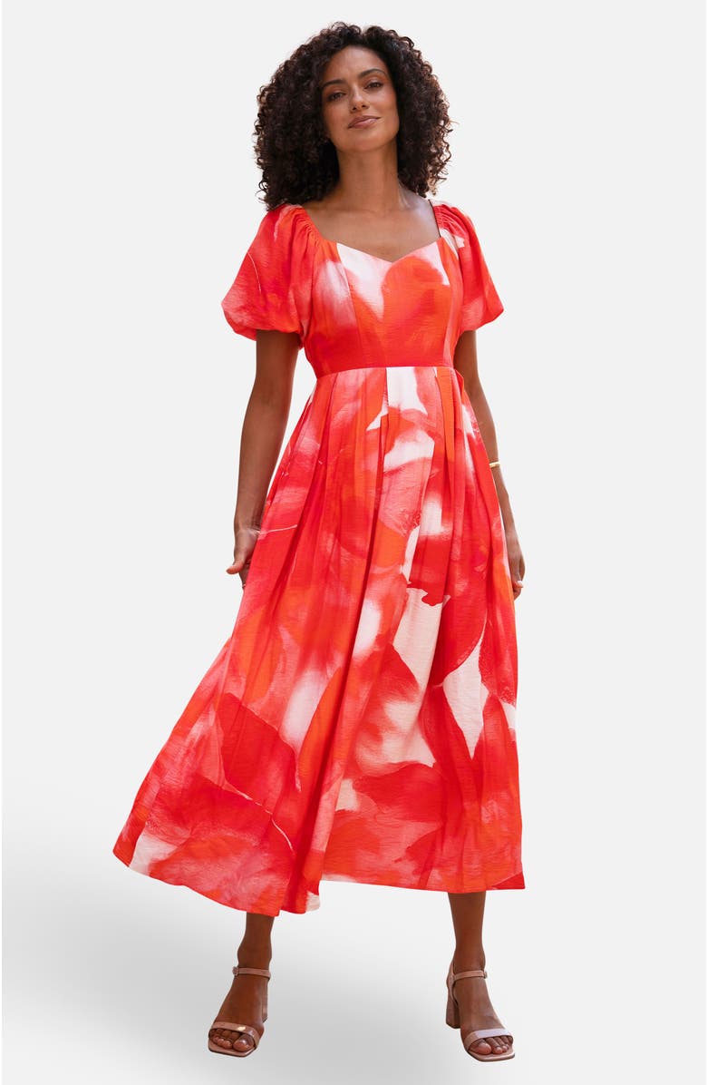 Yumi Floral Midi Dress With Puff Sleeves, Main, color, Red