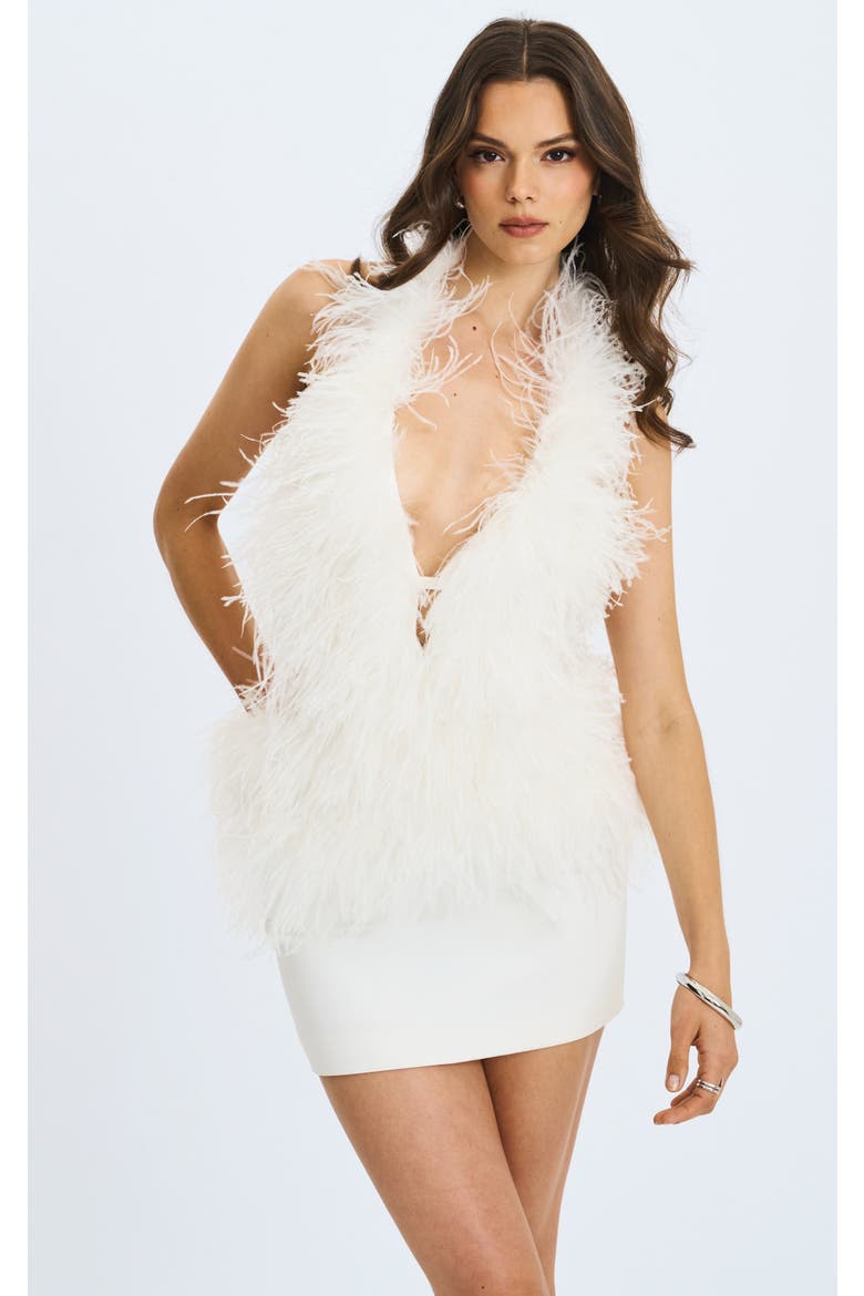 Quisten Feathered Plunging Halter Mini Dress, Main, color, White