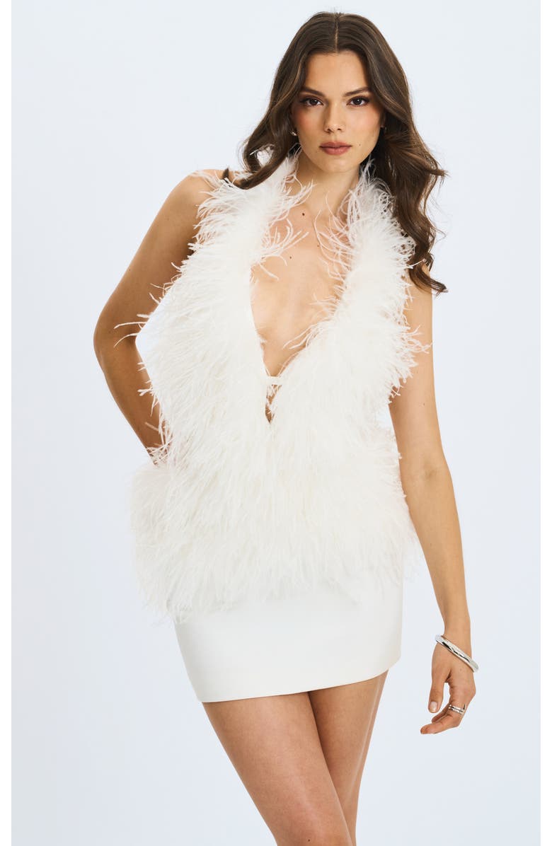 Miss Circle Quisten Feathered Plunging Halter Mini Dress, Main, color, White
