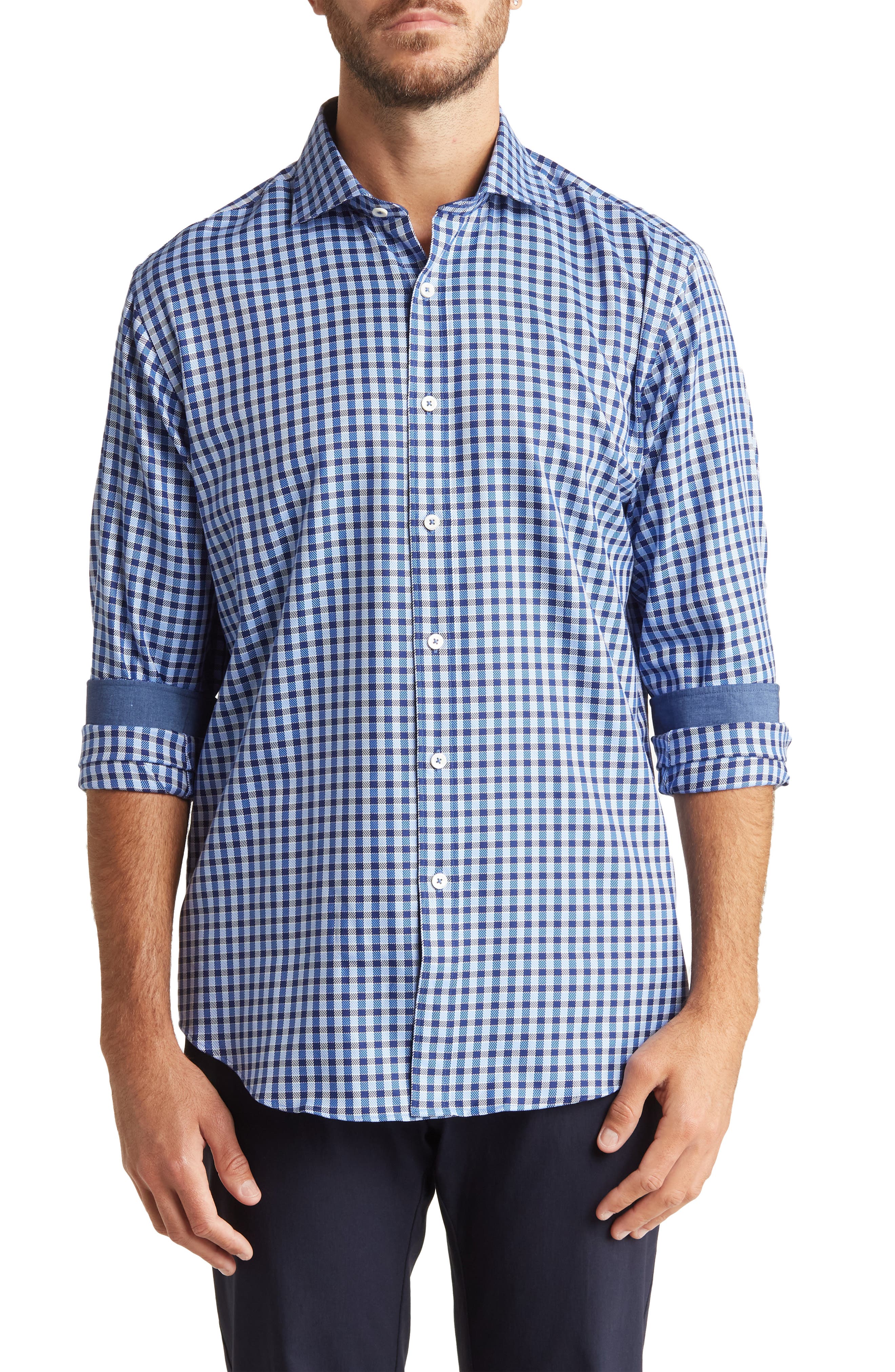 Bugatchi Shaped Fit Long Sleeve Check Print Button-Up Shirt (Men ...