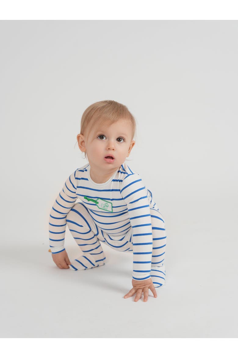 Striped Tag Applique Long Sleeve Snap Back Romper, Main, color, White/Blue/Green