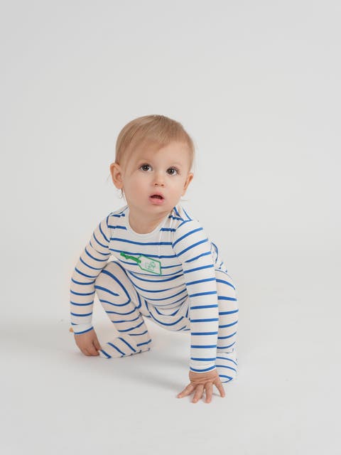 Striped Tag Applique Long Sleeve Snap Back Romper