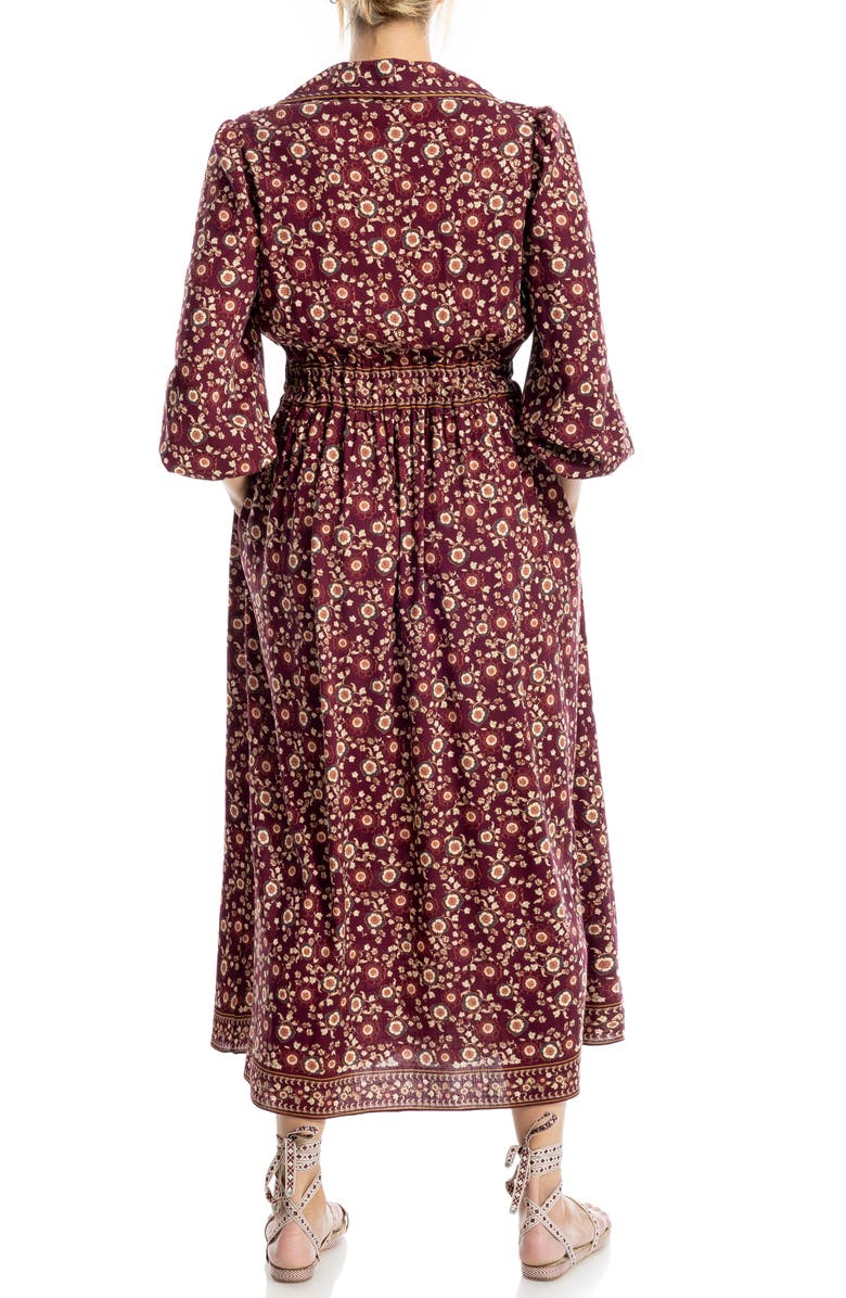 MAX STUDIO Bubble Sleeve Midi Dress, Alternate, color, Burgundy/Beige Garden Tapestry