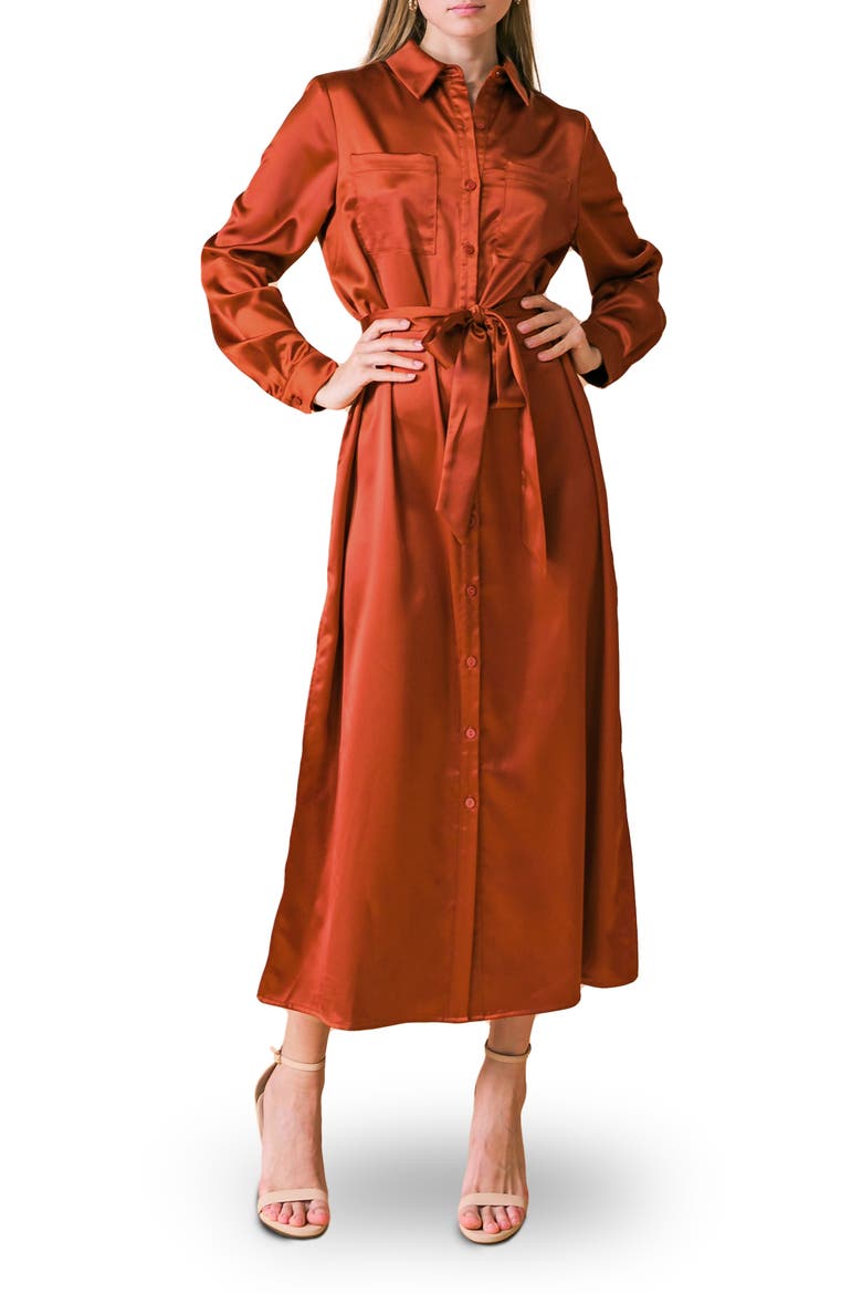 Long Sleeve Satin Midi Shirtdress, Main, color, RUST