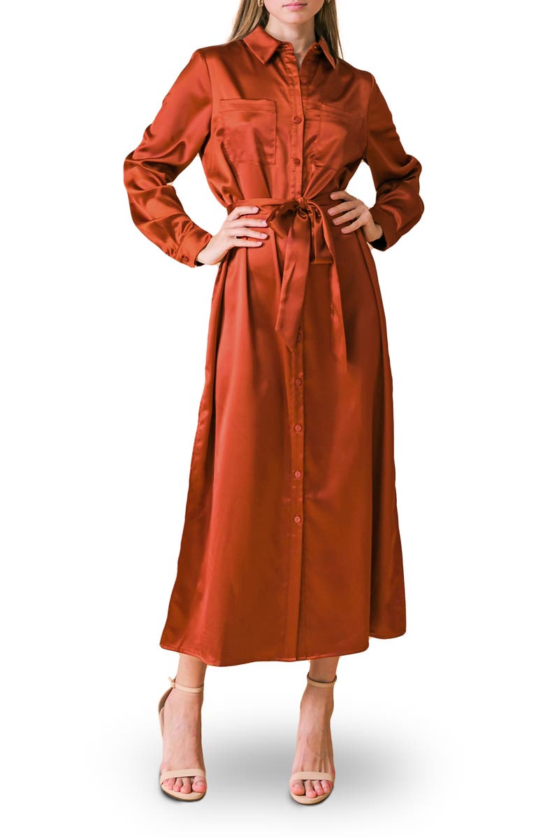 FLYING TOMATO Long Sleeve Satin Midi Shirtdress, Main, color, Rust