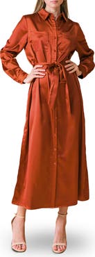 FLYING TOMATO Long Sleeve Satin Midi Shirtdress