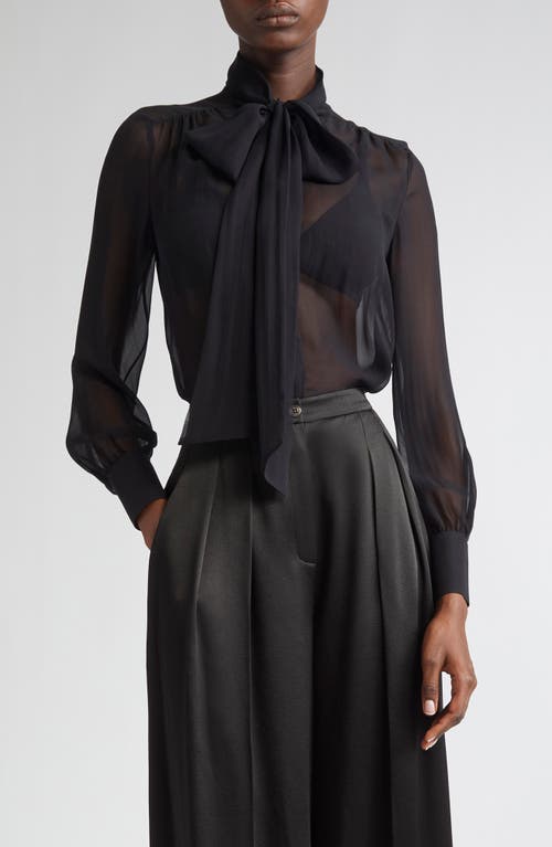 Michael Kors Collection Tie Neck Washed Silk Chiffon Top In Black
