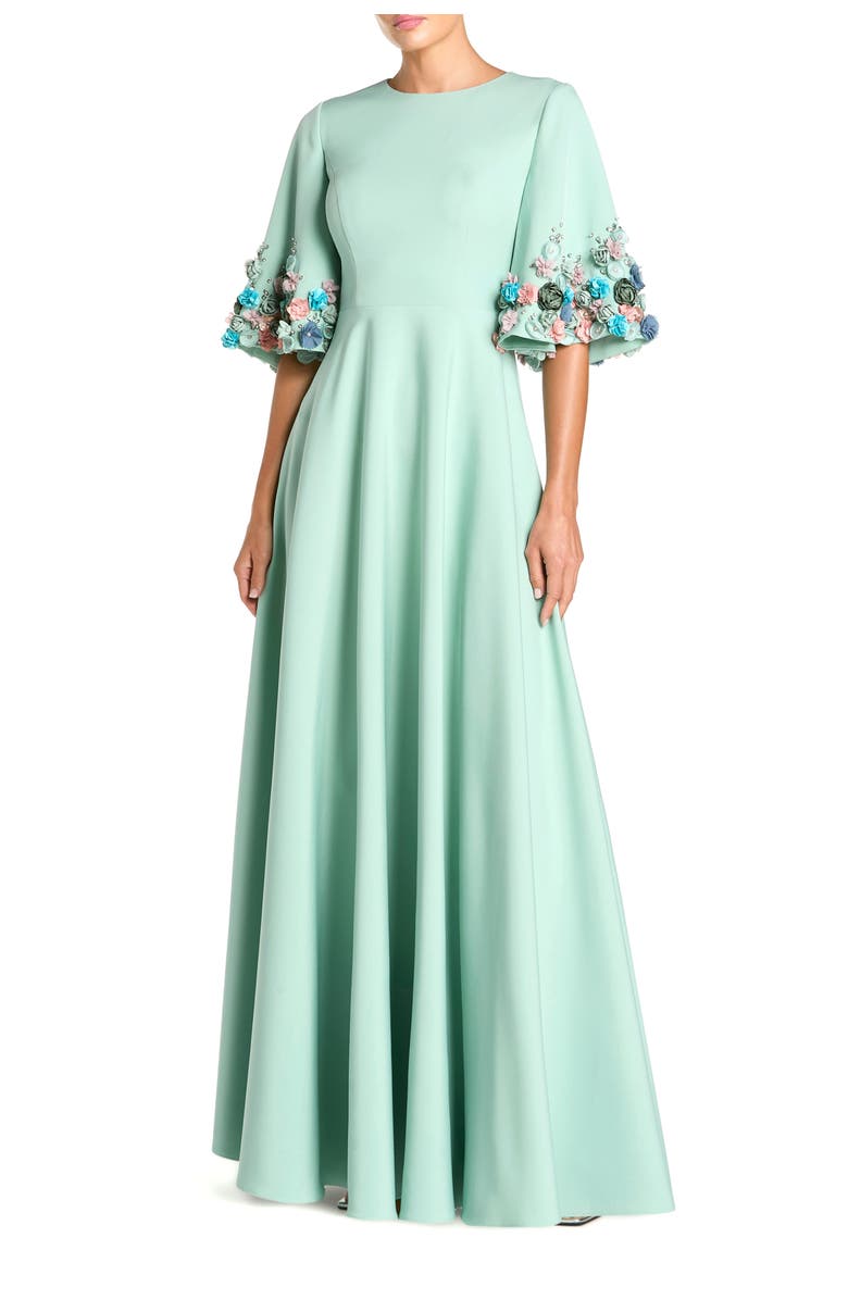 Mac Duggal Crepe 3/4 Sleeve 3D Flower Trim A Line Gown, Main, color, Sage