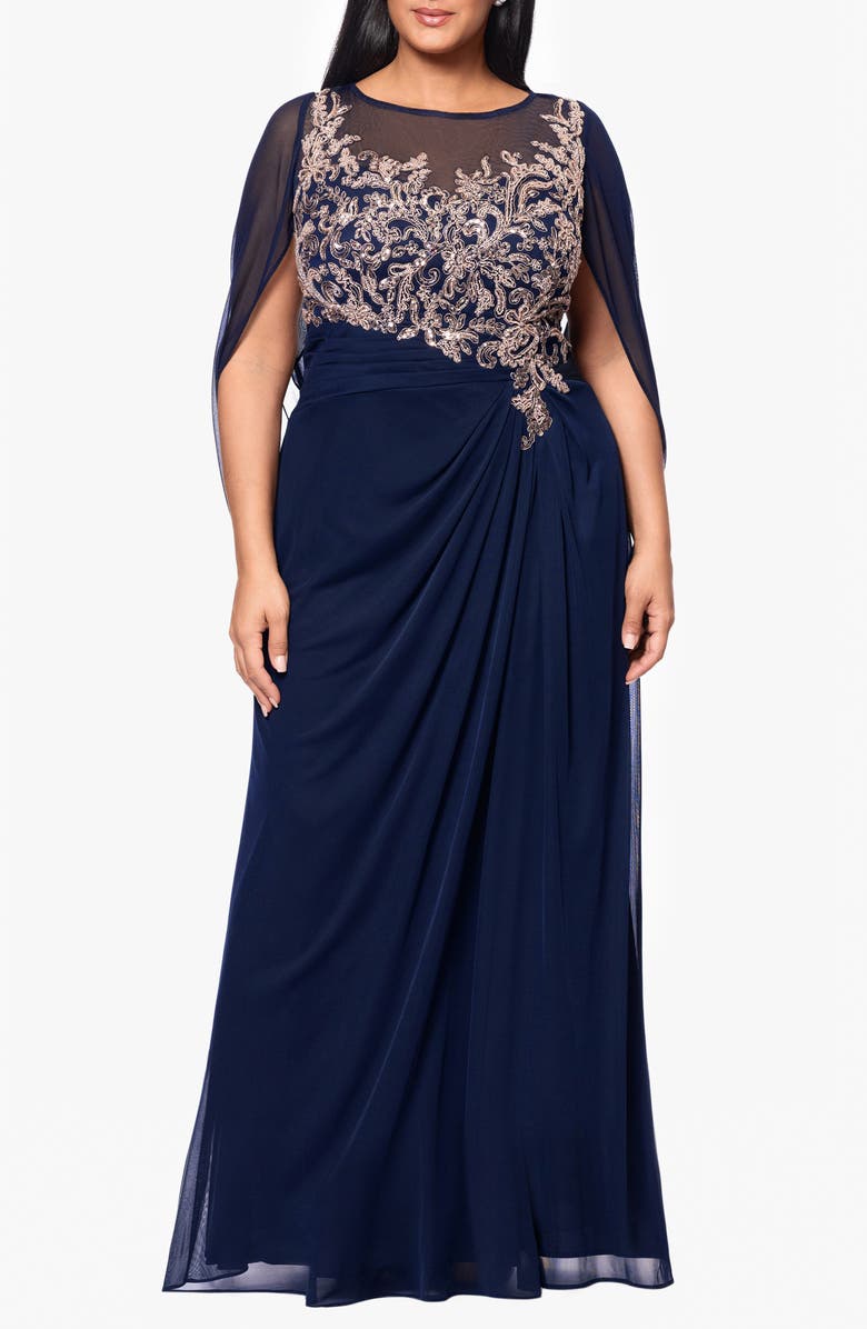 Betsy & Adam Beaded Cape Sleeve Chiffon Gown, Main, color, 
