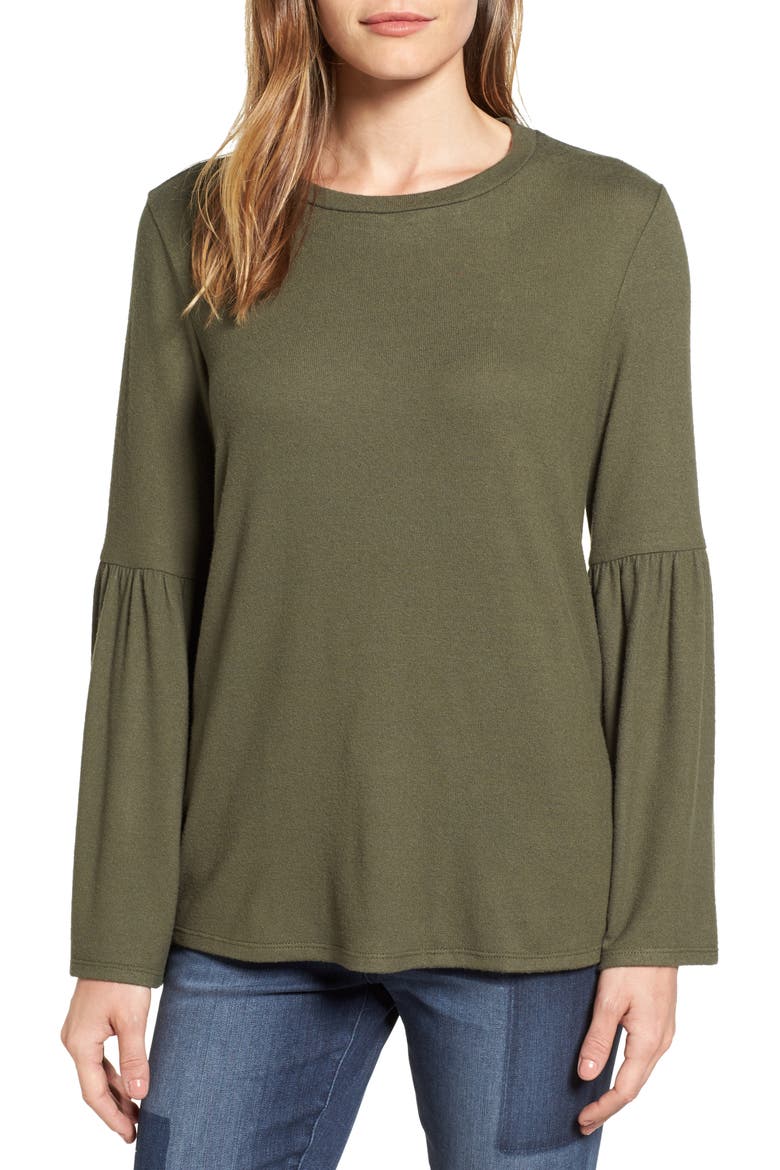 Gibson Bell Sleeve Cozy Fleece Pullover, Main, color, OLIVE